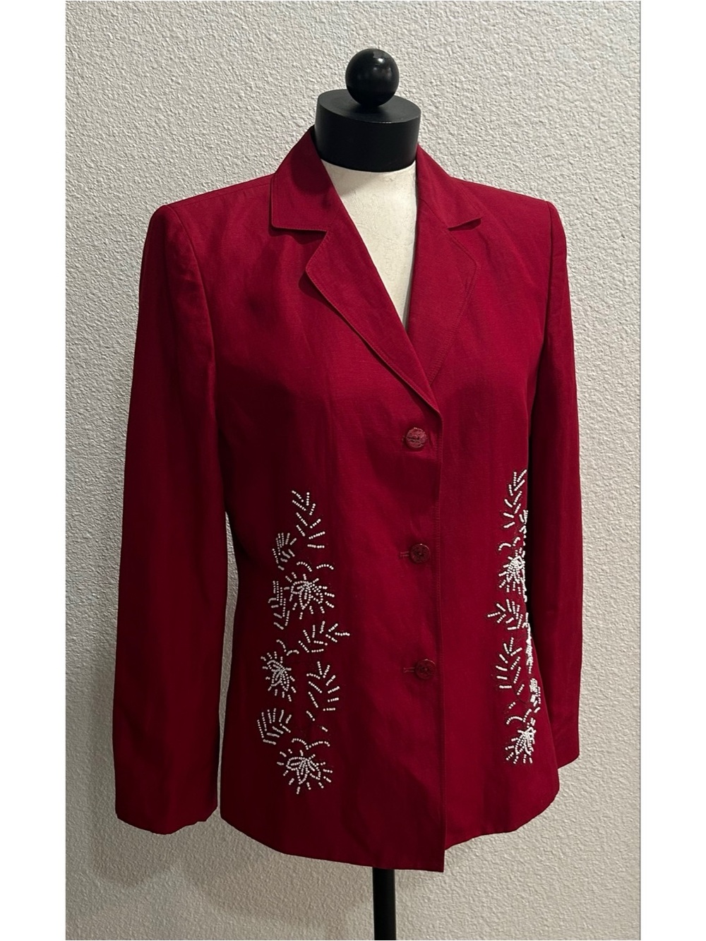 Vintage Preston & York Women’s Red Blazer Sz 12 Silk Linen Embroidered Beads 90s